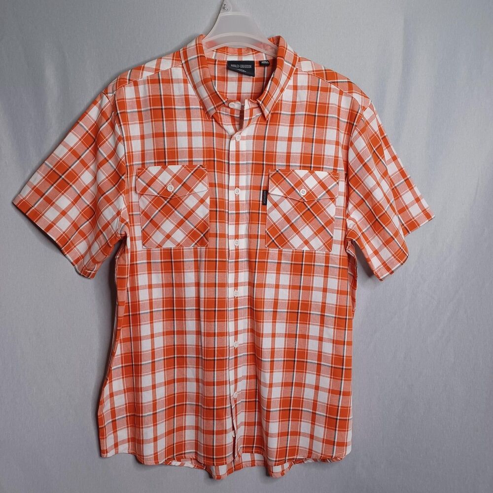 Harley-Davidson Shirt Mens 2XL Orange Plaid Button Up Short Sleeve Biker